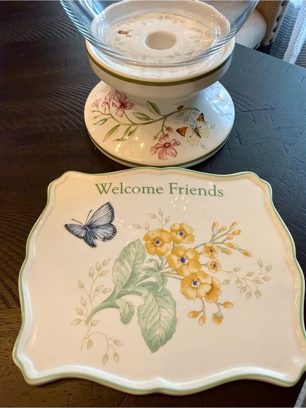 Lenox Butterfly Meadow 2pc Lot-Hurricane Candleholder & “Welcome Friends” Trivet - Picture 2 of 6